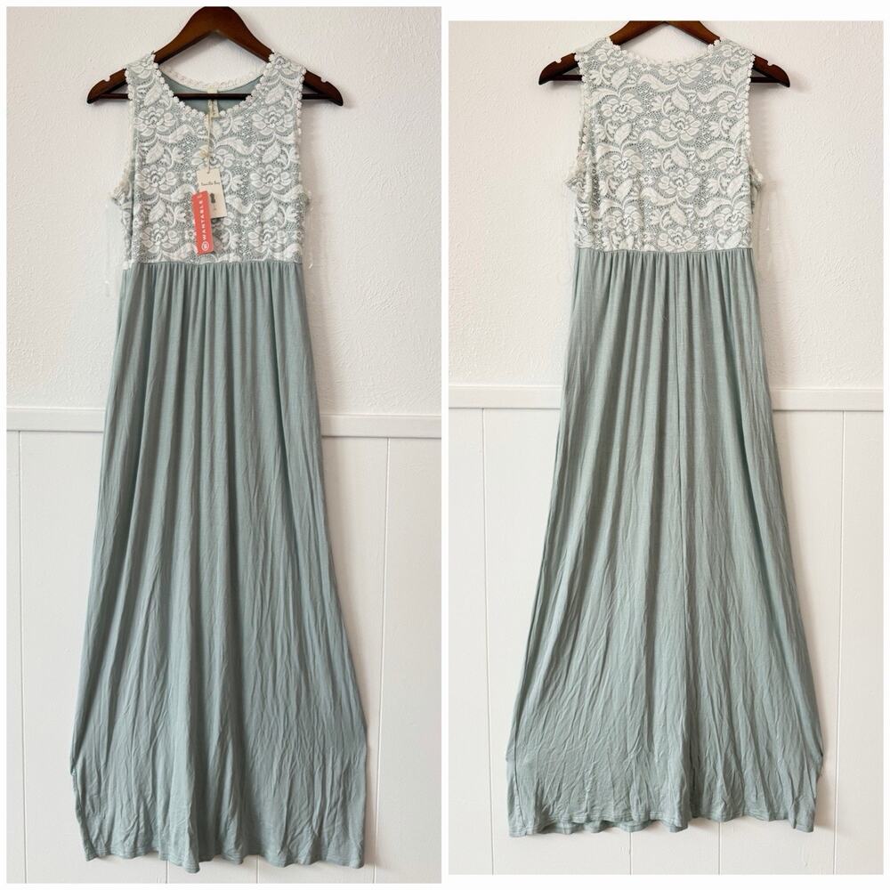 Vanilla Bay Sage Lace Maxi Dress M Boho Sleeveless Empire Waist Cottagecore NWT - Picture 2 of 9